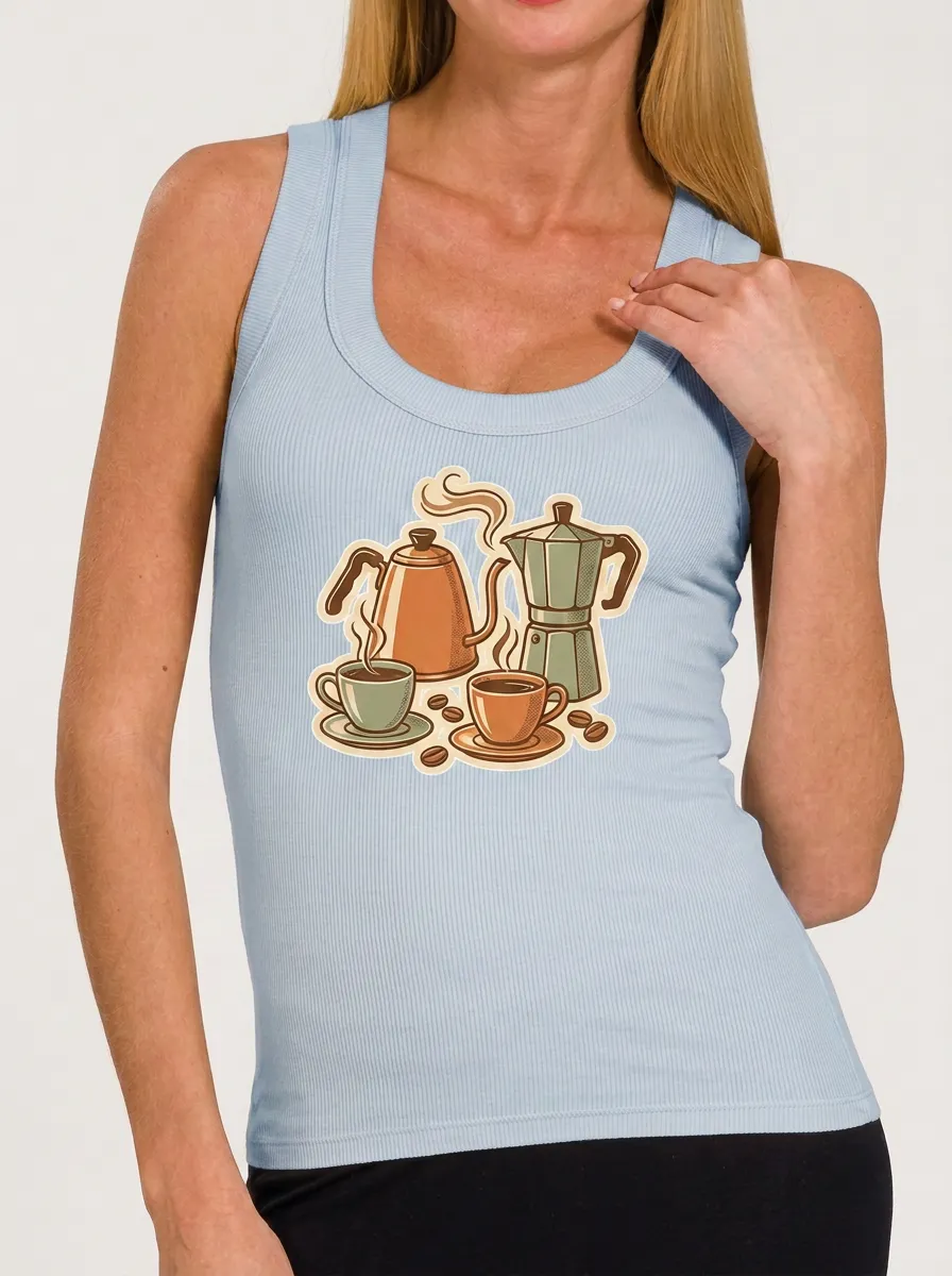 Women's Coffee Lover Moka Pot Kettle Cups Printed Tank Top