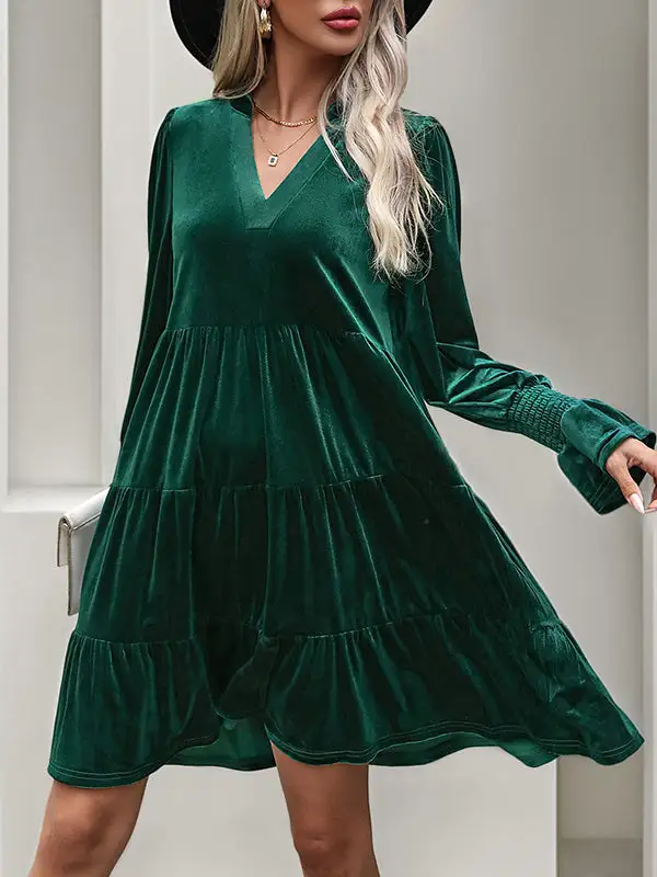 A Line Long Sleeve Pleated Solid Color Velvet V Neck Mini