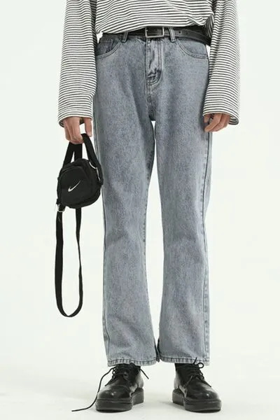 Refined Washed Side-Slit Pocketed Stretch Straight Leg Jeans
