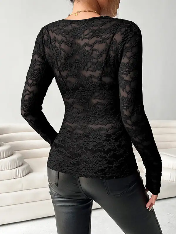 Long Sleeve Slim Fit Sheer Deep V-Neck T-Shirt