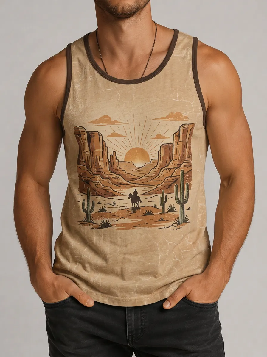 Men's Western Cowboy Desert Sunset Cactus Printed Tank Top