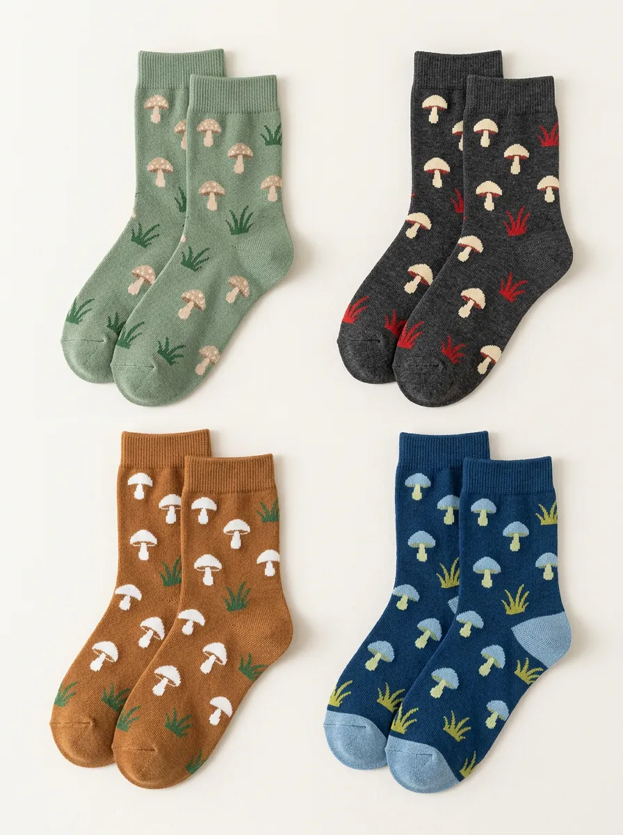 Women's Mushroom Grass Crew Socks Four Pair Set