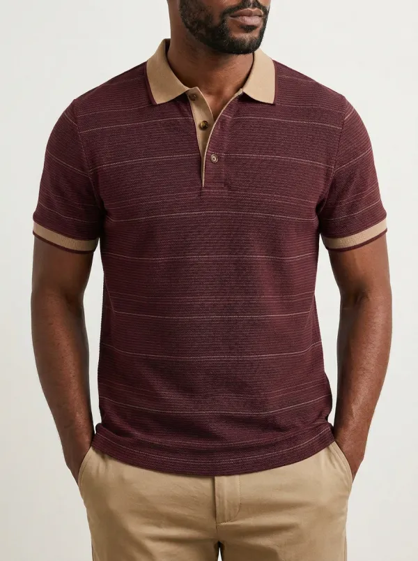 Men's Classic Knit Ribbed Textured Horizontal-Stripe Polo Shirt
