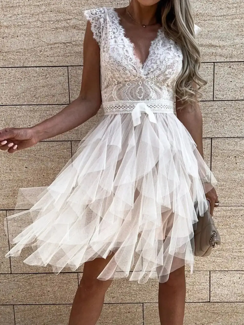 V-Neck Ruffled Lace Trim Midi Dress