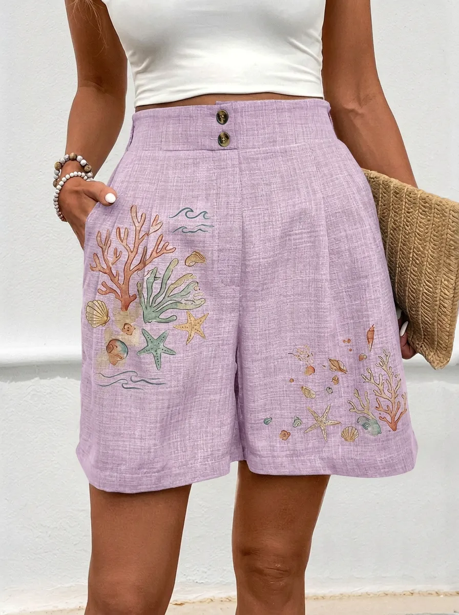 Women's Beach Vacation Coral Starfish Printed Shorts