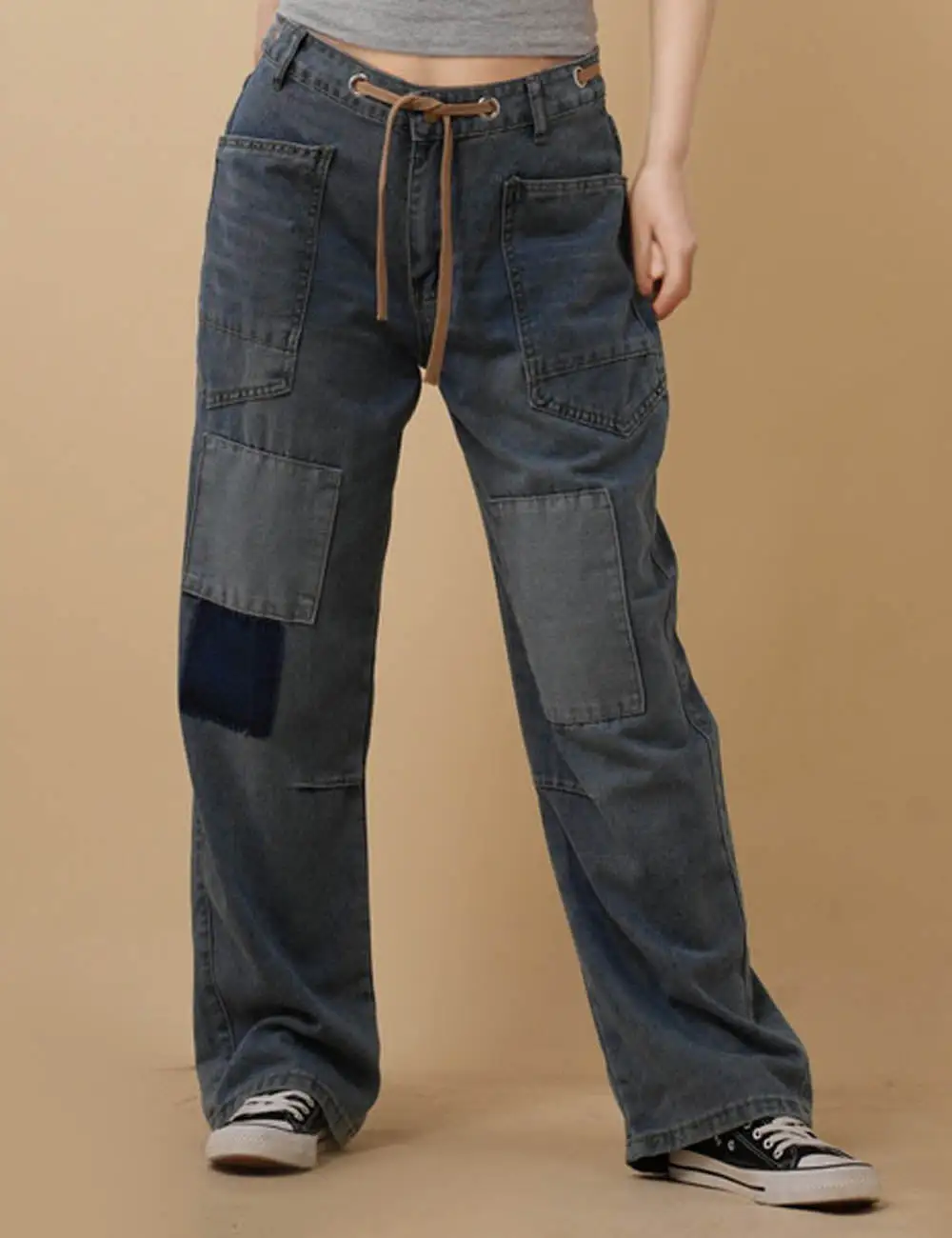 String Tie Jeans Denim Splice Straight Leg Pants