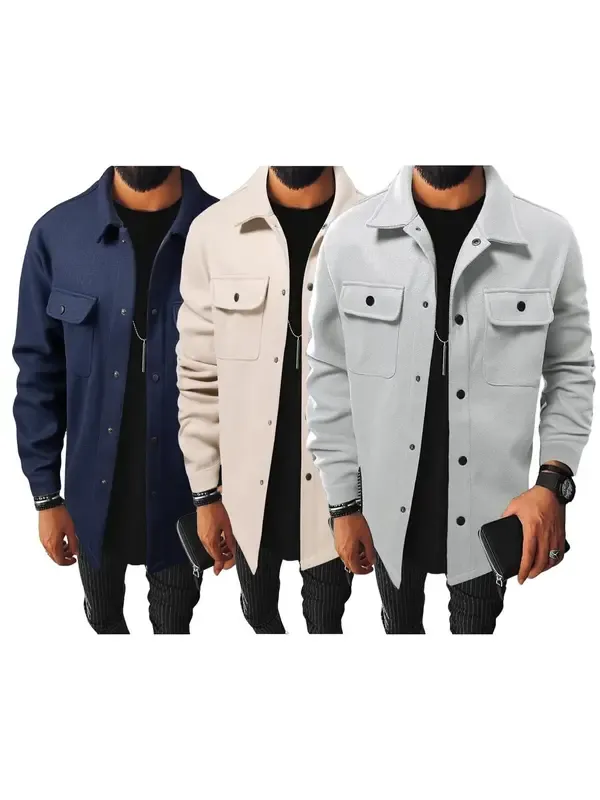 🔥Last Day 49% Offer-Men's Plain Long Sleeve Jacket, Regular Fit Casual Classic Button Front Flap Pocket Collared Outerwear for Fall & Winter, Going Out Outfit