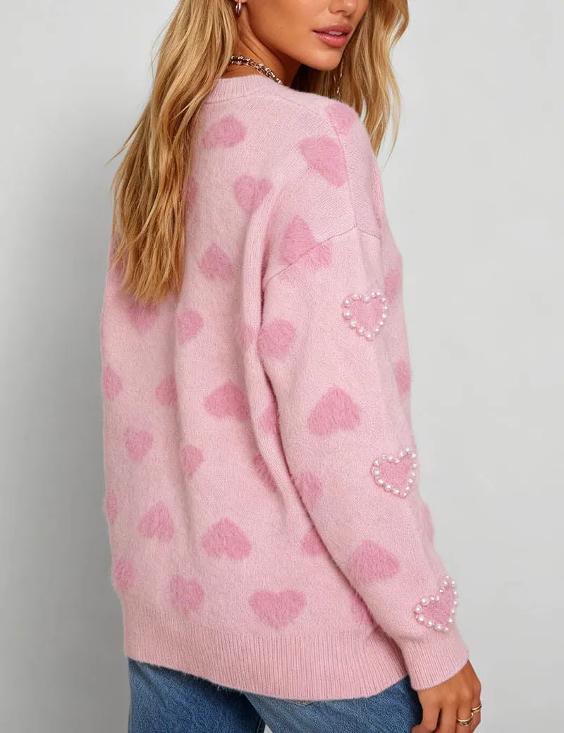 Valentine Heart Pattern Round Neck Bead Sweater