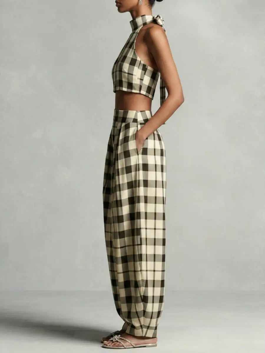 Plaid Print Blouse And Pants Set