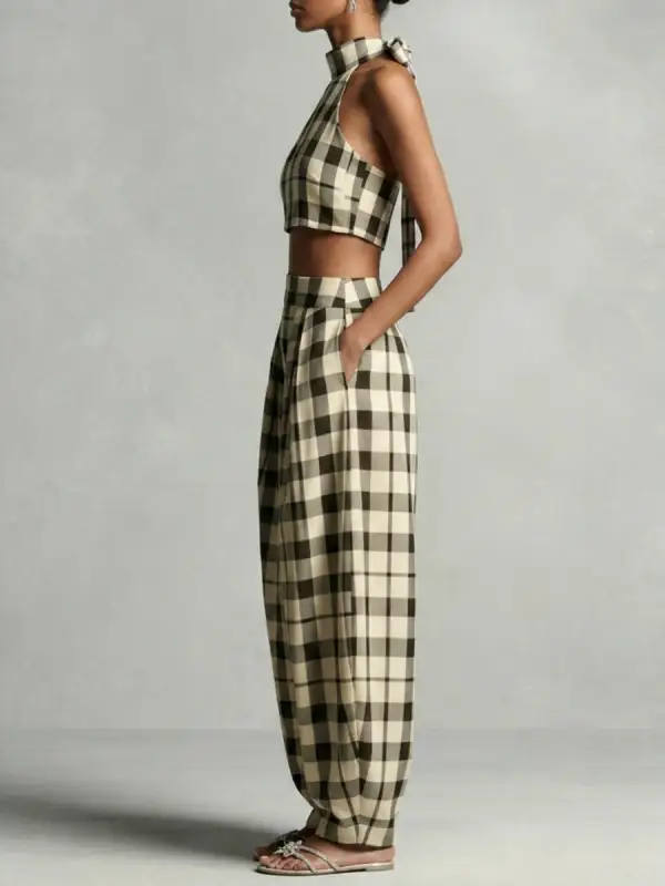 Plaid Print Blouse And Pants Set