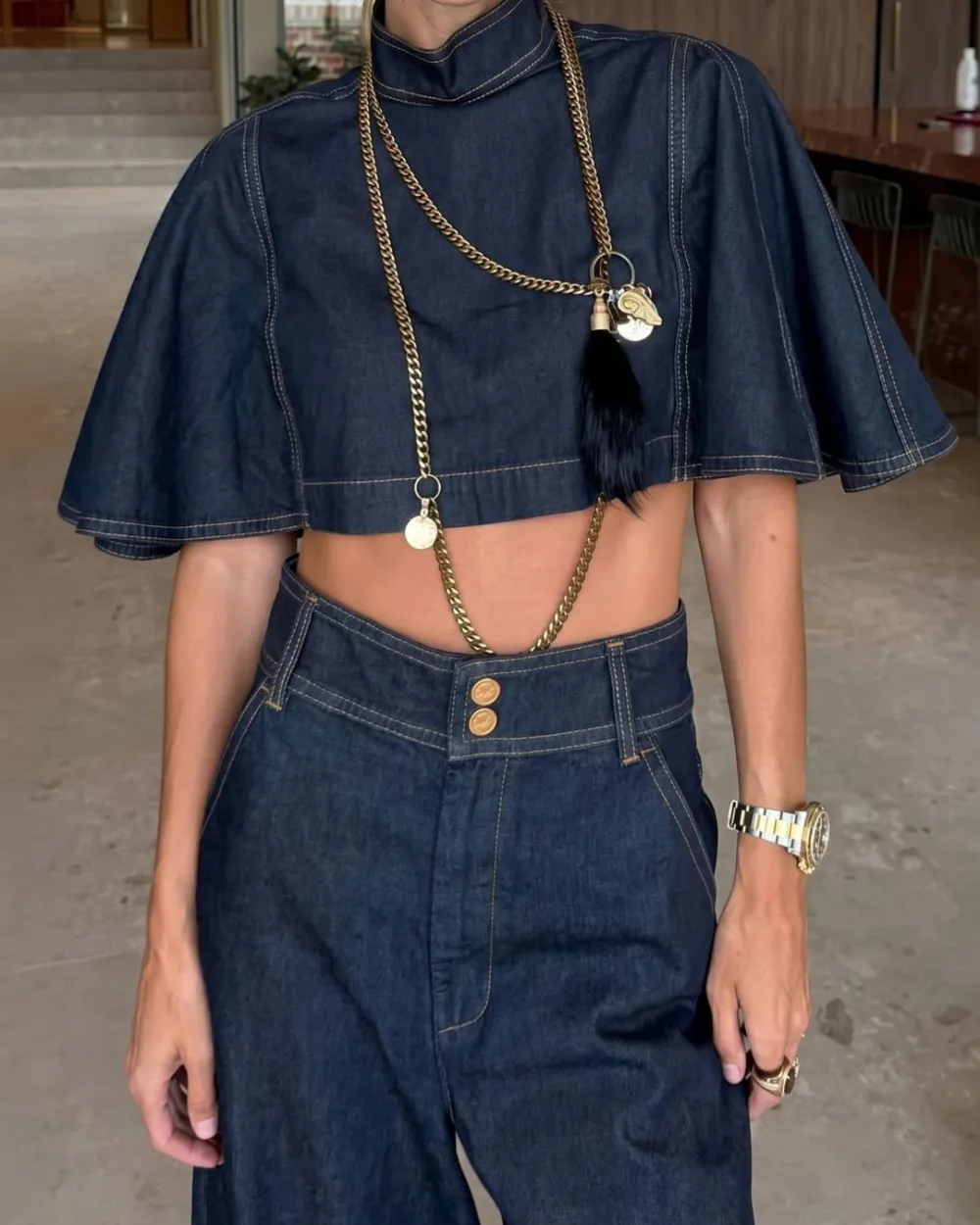 Modern Denim Capelet and High-Waist Tapered Pants Two-Piece Set
