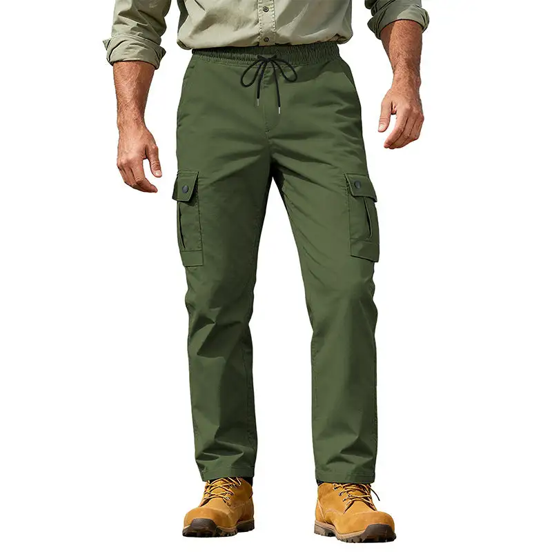 Men's Robust Leisure Cargo Pants with Elastic Waistband Drawstring and Multiple Pockets