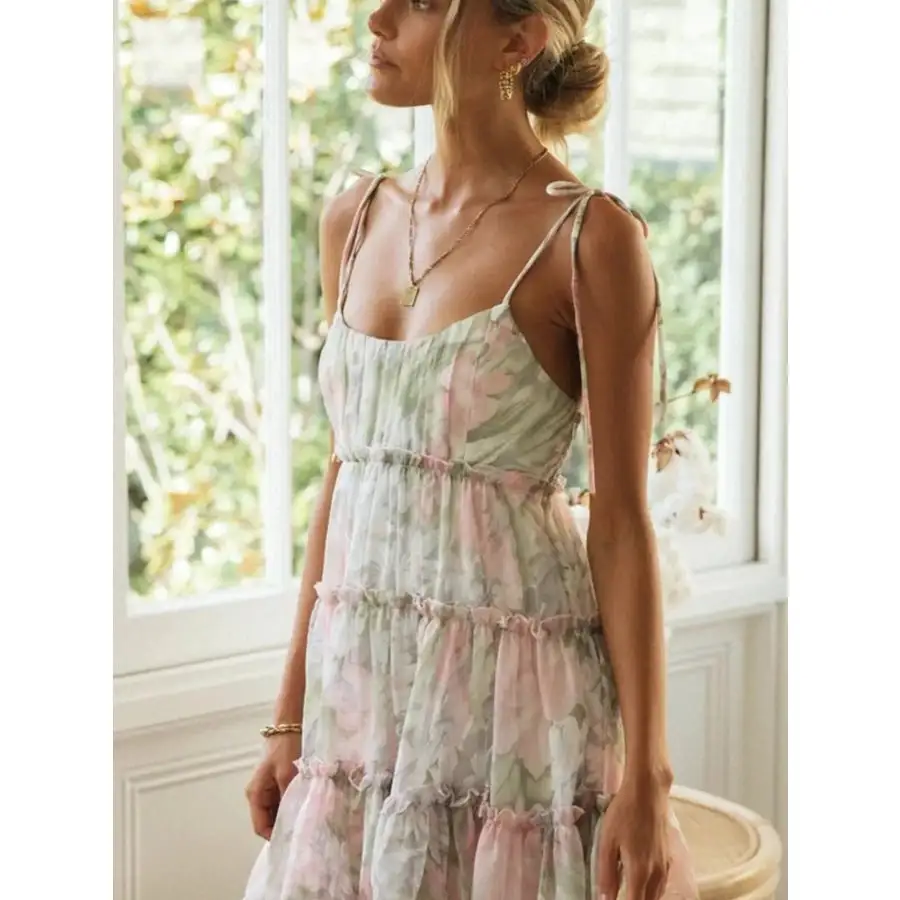 Printed Tie-strap Tiered Mini Dress