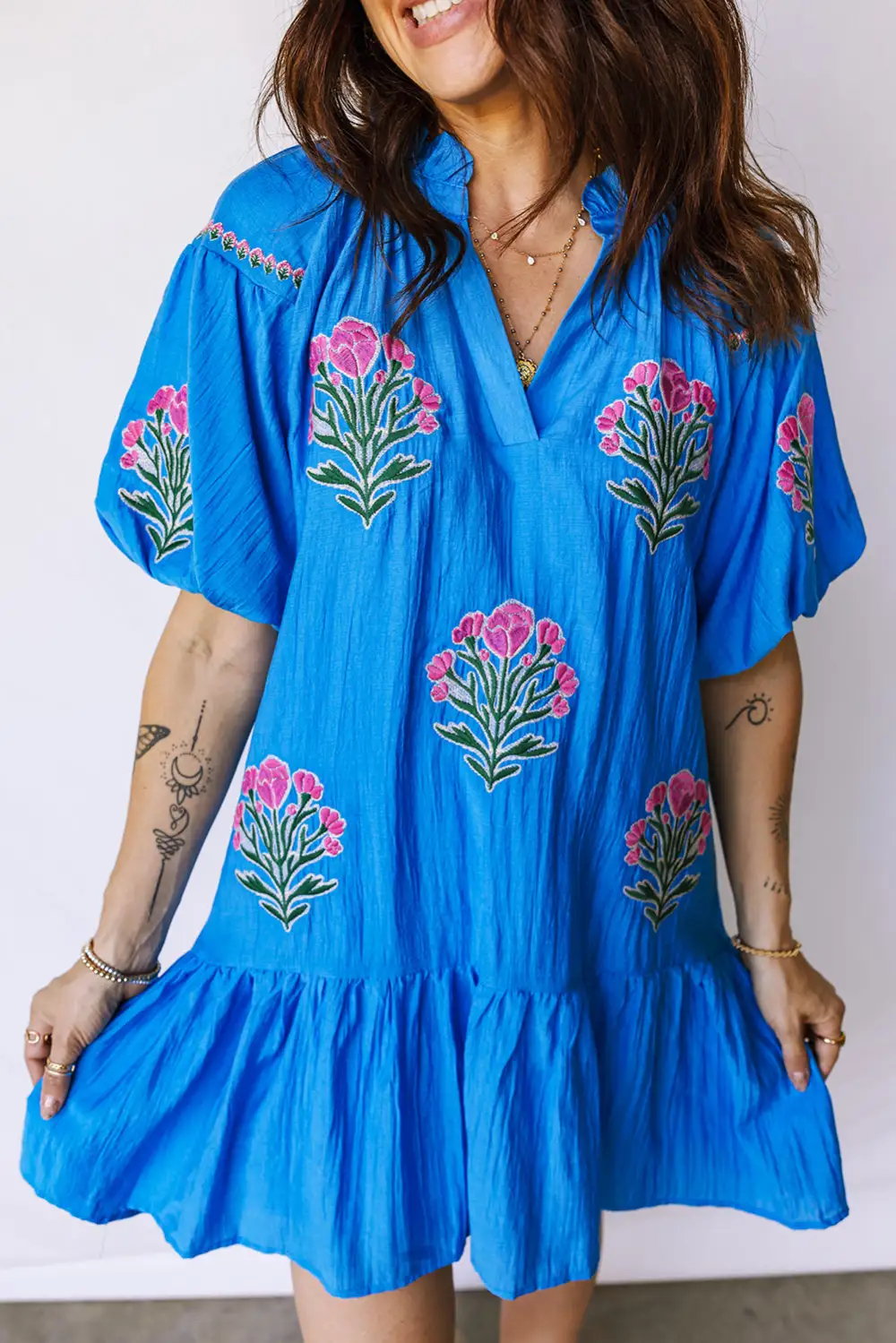 Polished Detail Floral Embroidered Split Neck Dress