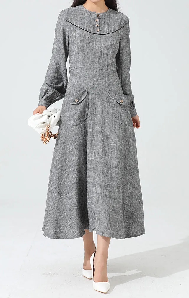 Classic Linen Cotton A Line Long Sleeve Maxi Dress