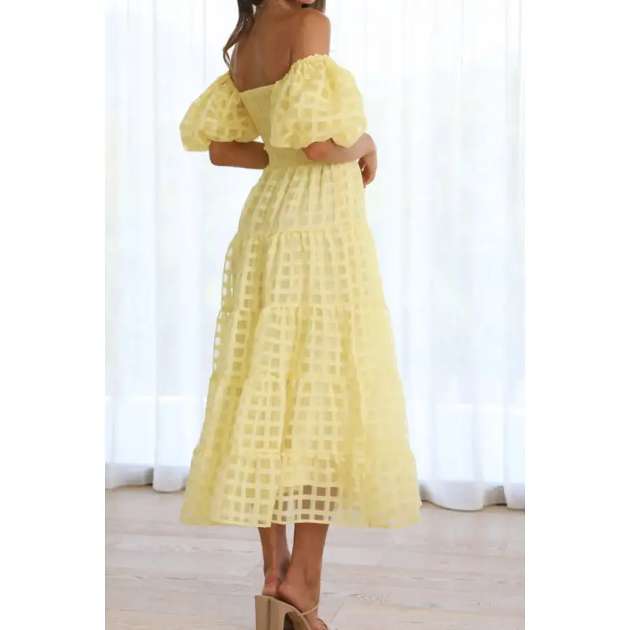 Off Shoulder Short Puff Sleeve Midi Dress