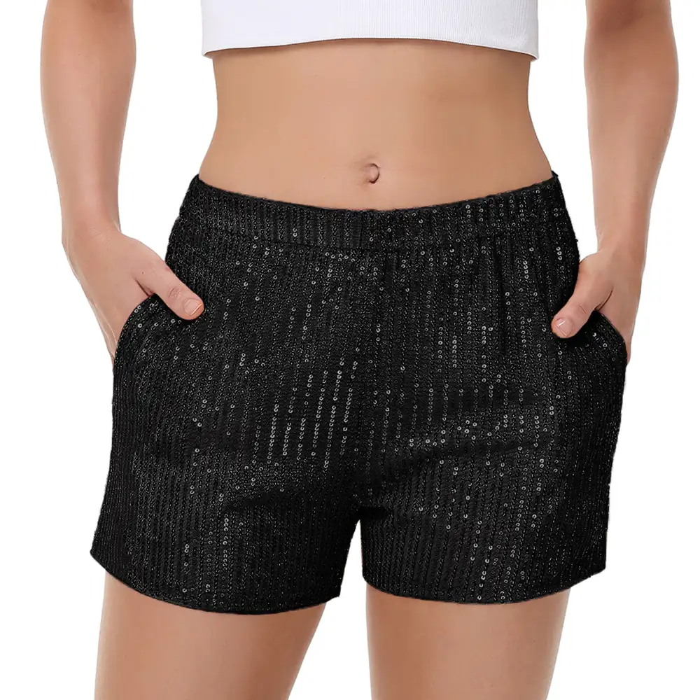 High-Waist Elastic-Waist Pocketed Straight Sequin Shorts