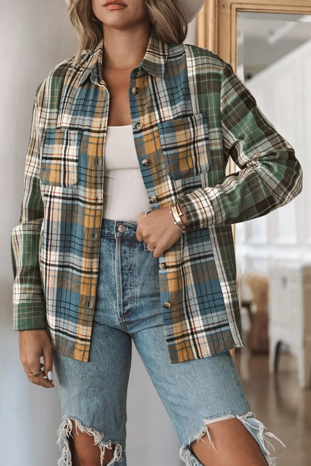 Plaid Color Block Patchwork Shirt Jacket