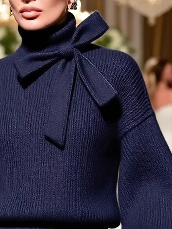 Bow Detail Paneled High Neck Puff Sleeve Relaxed Fit Sweater