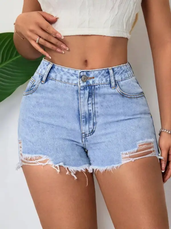 Lightweight Distressed Raw Hem Denim Shorts