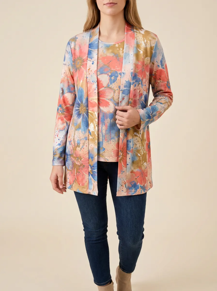 Women's Open-Front Watercolor Cardigan Top Set