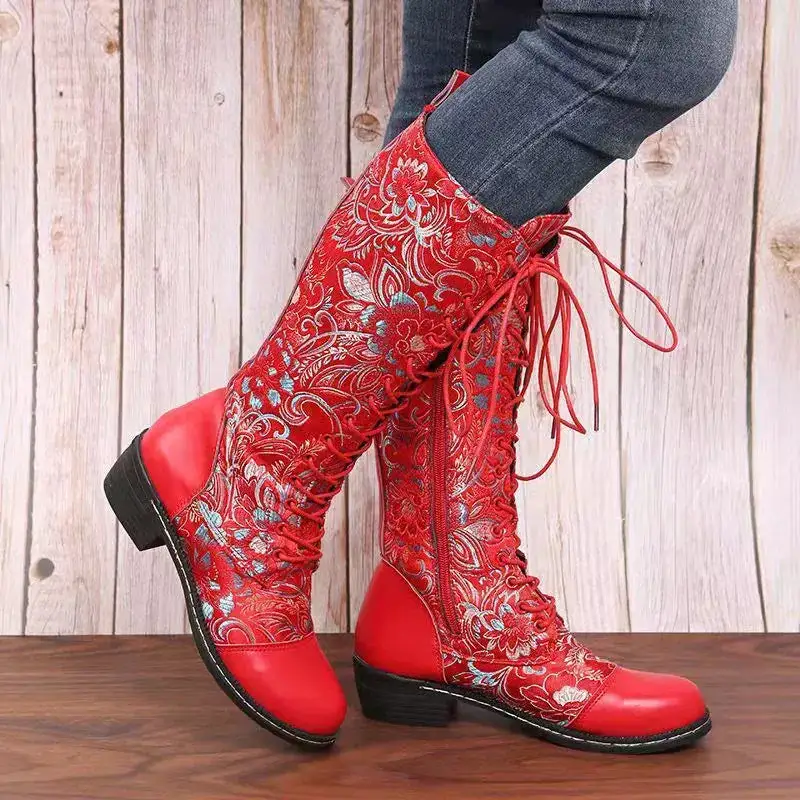 Embroidered Lace Up Block Heel Boots