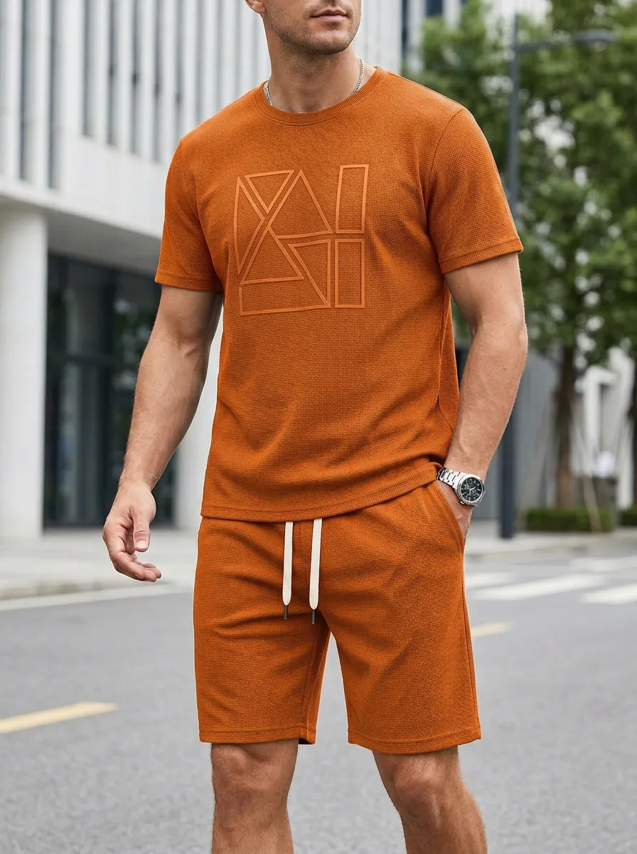 Everyday Waffle Texture Geometric Pattern Look Men's T-Shirt And Shorts Set