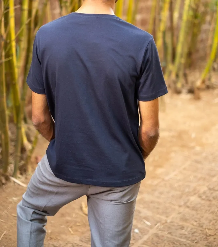 Deep Blue Cotton Pocket Crew Neck T-Shirt
