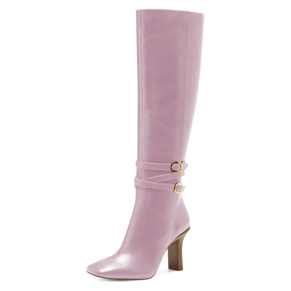 Buckle-Detail Zip-Up Square-Toe Pointed-Toe Knee-High Boots