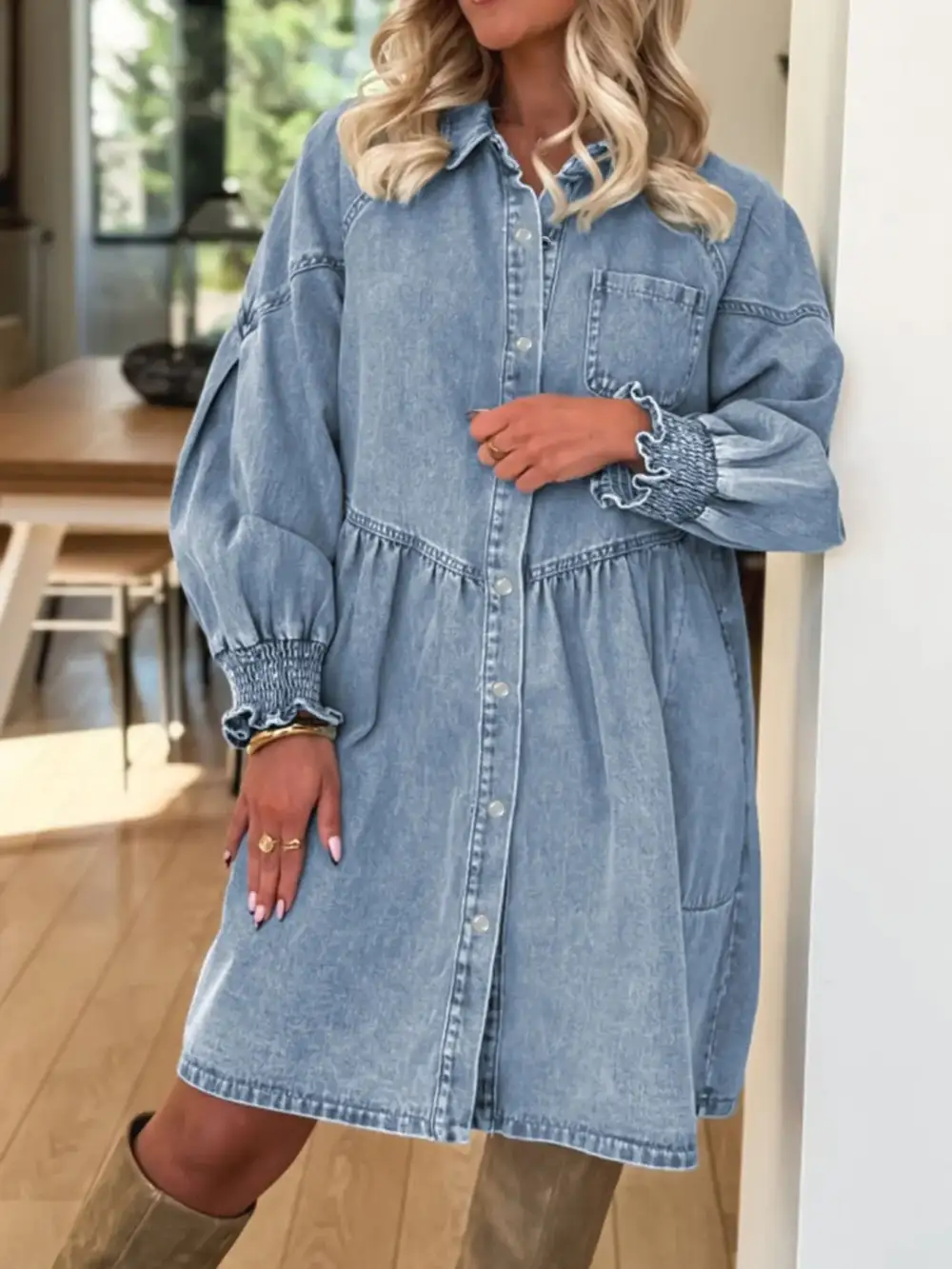 Denim Button Front Smocked Shirt Dress