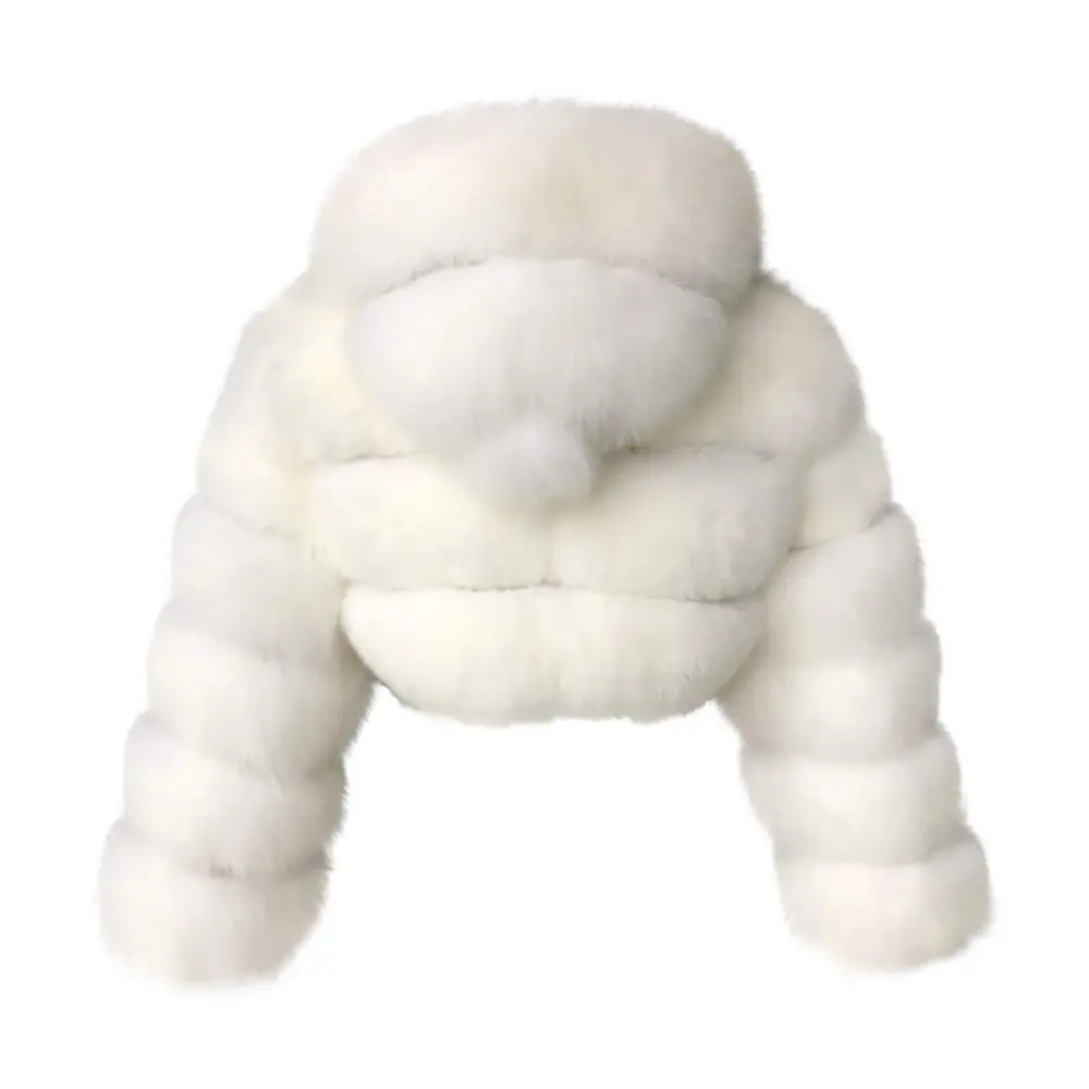 White  Faux Fur Coat Women with Hood Cropped Bubble Coats Fleece Short Warm Jackets Plus Size Winter Coats for Women