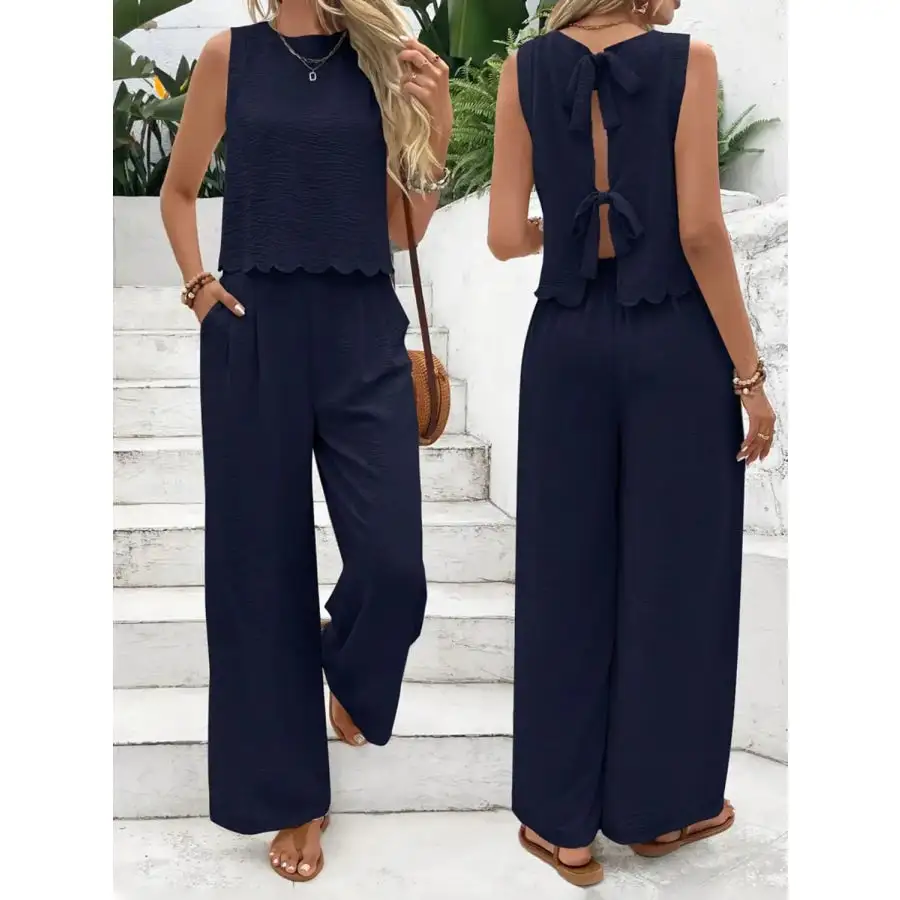 Tie Back Round Neck Top and Pants Set