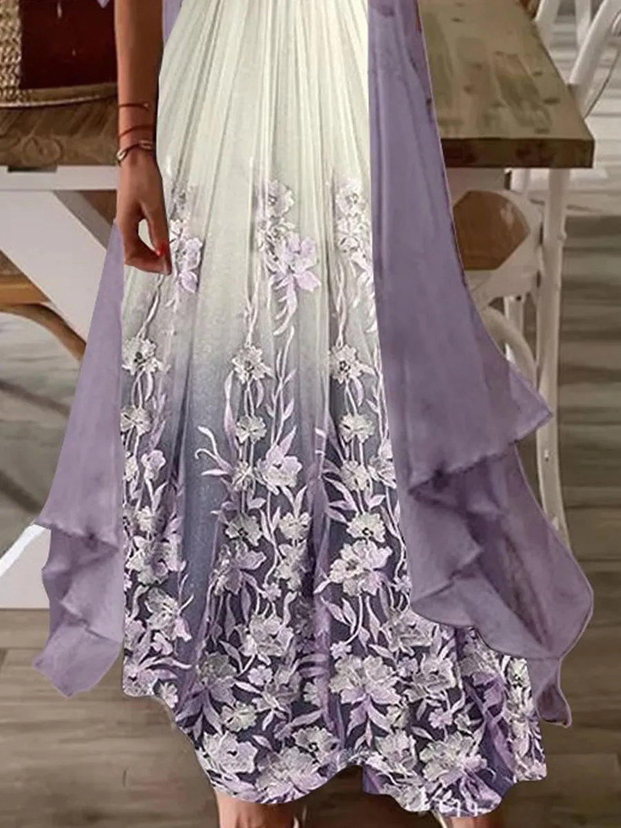 V-neck Printed Loose Long-sleeved Suit Maxi Dress