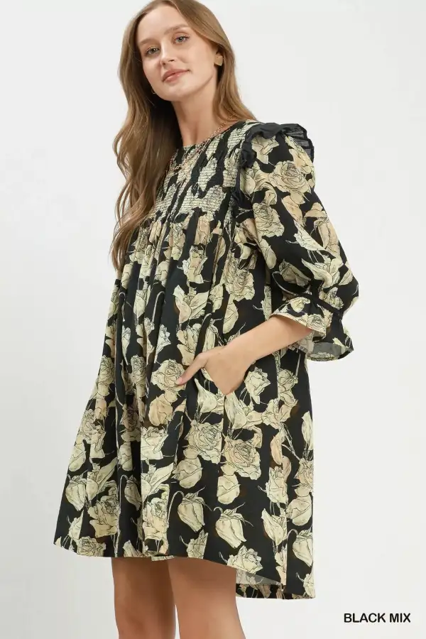 Floral Print Smocked Ruffle Detail Flowy Dress