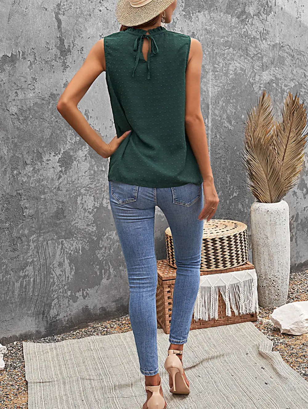 Balanced Swiss Dot Smocked Crew Neck Tank Top