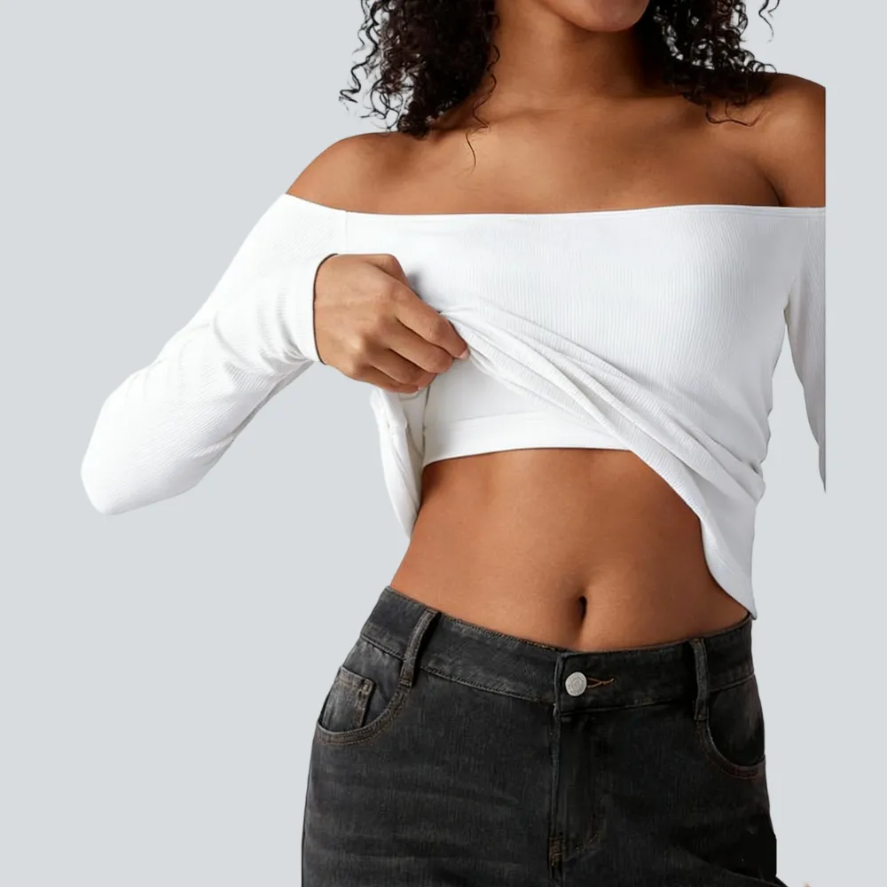 Ribbed Knit Off Shoulder Long Sleeve 2-in-1 Casual Top