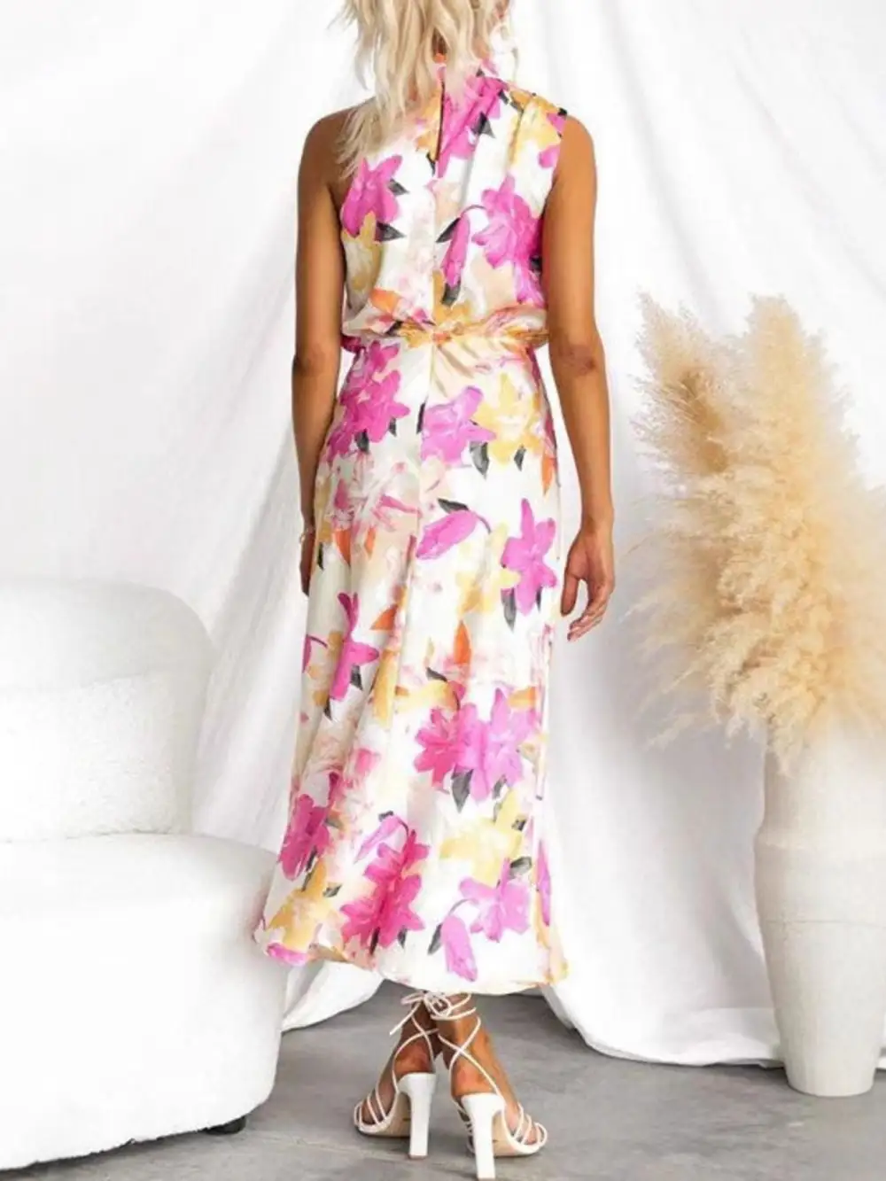 Print High Neck Sleeveless Midi Dress