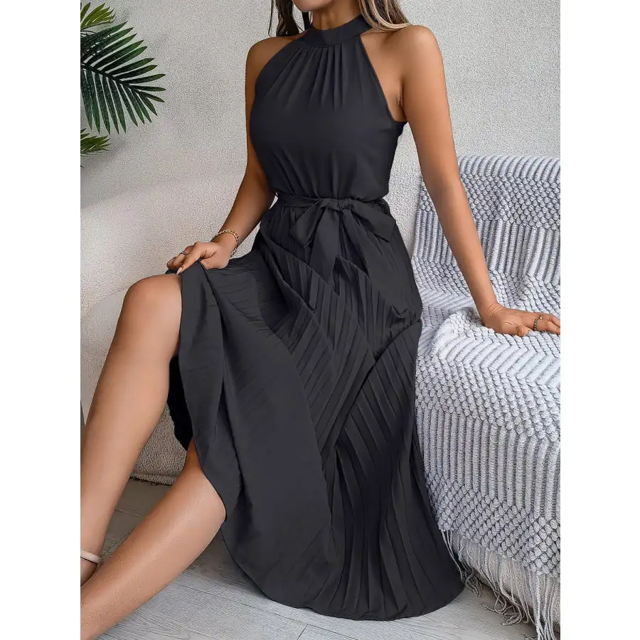 Pleated Tie Waist Sleeveless Midi Dress