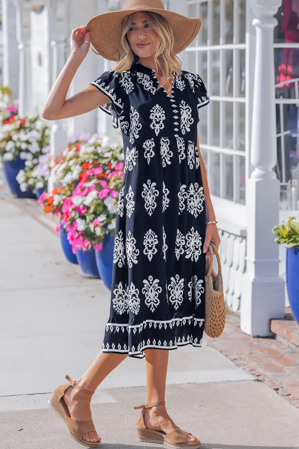 Printed Split Neck Short Sleeve Midi Dress