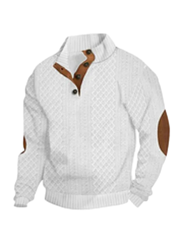 Men's Colorblock Patchwork Jacquard Button Front Sweatshirt, Regular Fit Casual Long Sleeve Stand Collar Sweatshirt for Fall & Winter, Fashion Men's Knitwear for Daily Wear