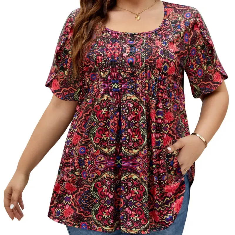 Women's Plus Size Summer Waist-Cinching Top with Round Neck and Printed Casual Short Sleeves