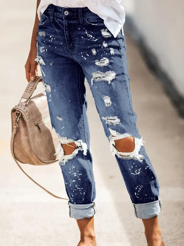 Straight Leg Ripped Stretch Washed Denim Jeans