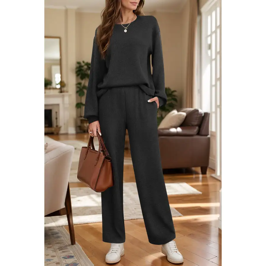 Relaxed Round Neck Long Sleeve Top and Pants Set