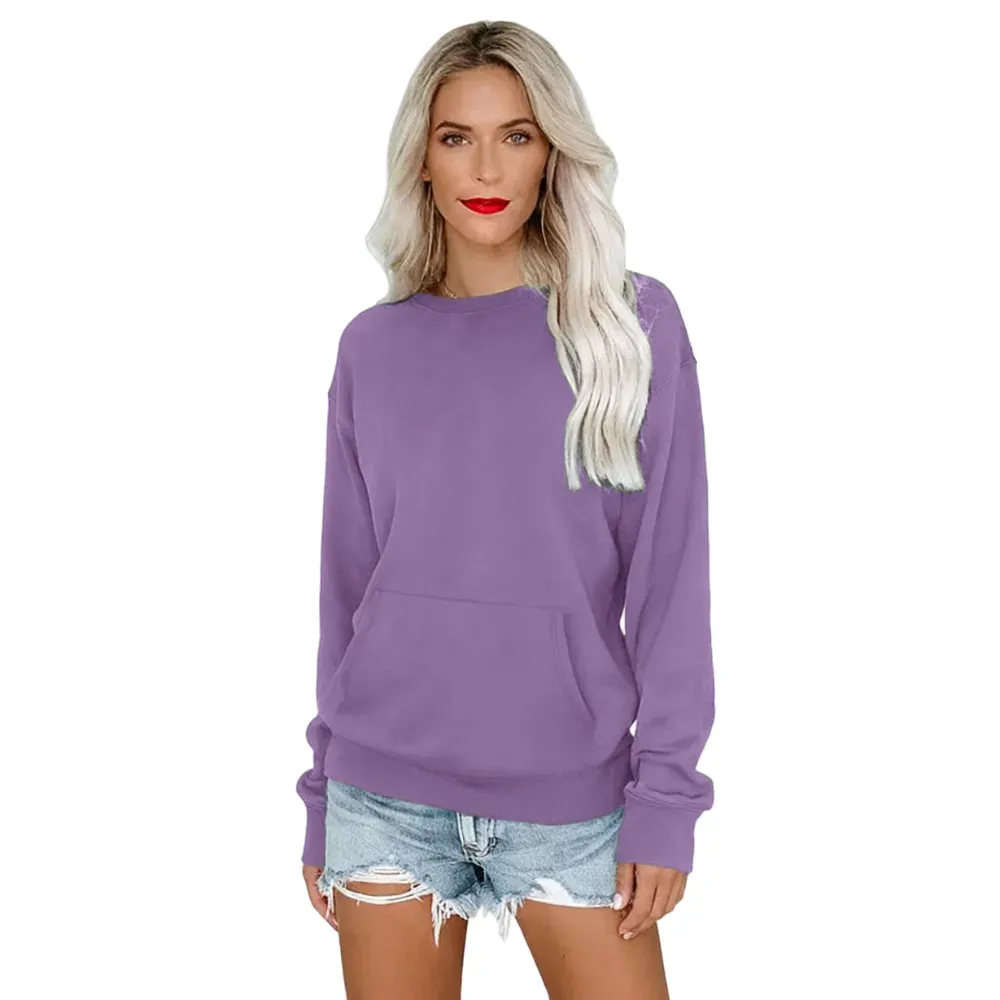 Women's Crewneck Hoodless Sweatshirt With Kangaroo Pocket Fleece Longsleeve Oversized Casual Style Shirt Lightweight Pullover