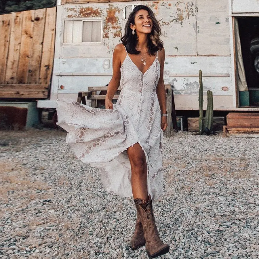 Sleeveless Strap Irregular Ruffles Boho White Maxi Dress