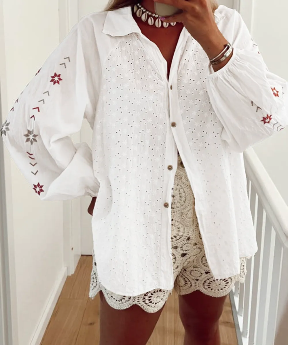 Floral Embroidered Puff Sleeve Eyelet Patchwork Shirt
