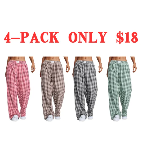 Women's Striped Gingham Boxer Pants Cotton Pajama Lounge Pj Casual Plaid Trousers  Beach Bottoms with Pockets