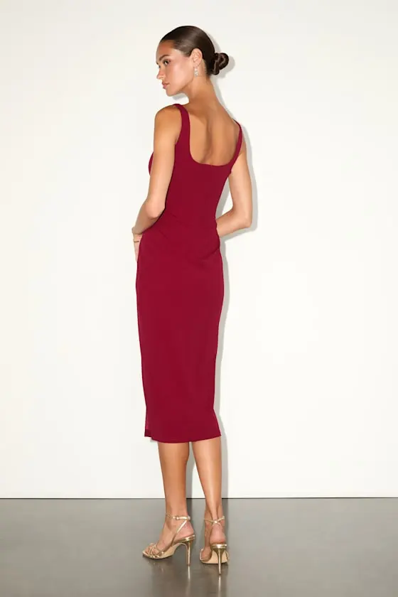 Fabulous Desires Wine Red Scalloped Bodycon Midi Dress
