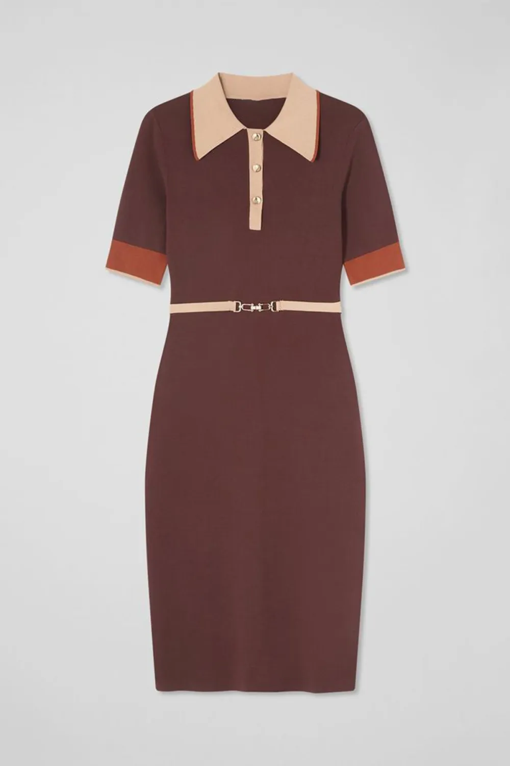 Brown Contrast Collar Short Sleeve Midi Dress