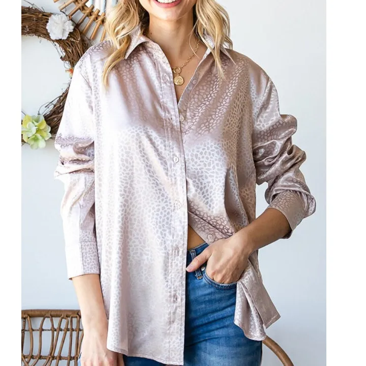 First Love Full Size Ditsy Dot Button Down Collared Satin Shirt